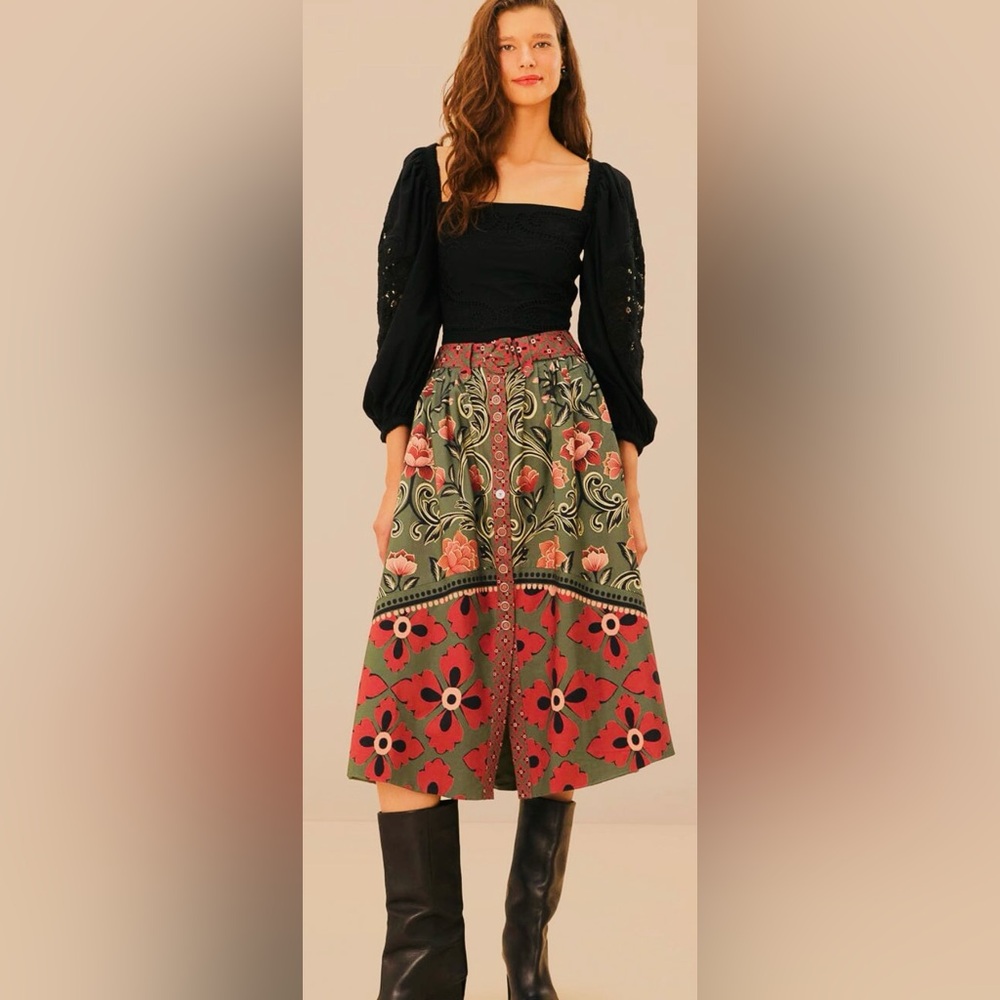 FARM Rio Arabesque Floral Green Buttons Midi Skirt, NWT